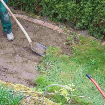 landscaper using a square shovel to manually dig up and remove old grass, moss, and dirt along a brick pathway edge during a lawn tear-out project.