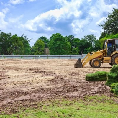 A yellow backhoe tractor grading and leveling a large dirt yard in preparation for turf installation, with fresh rolls of green sod stacked in the foreground.